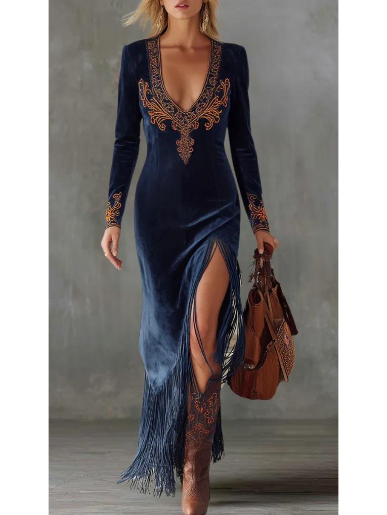 Retro Ethnic Tassel Floral V-Neck Dress - Spring/Autumn Women's Long Skirt (2026 Collection)