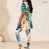 Women Plus Size Green Abstract Printed Two Piece Set Round Neck Short Sleeve Top Fitted Long Pants