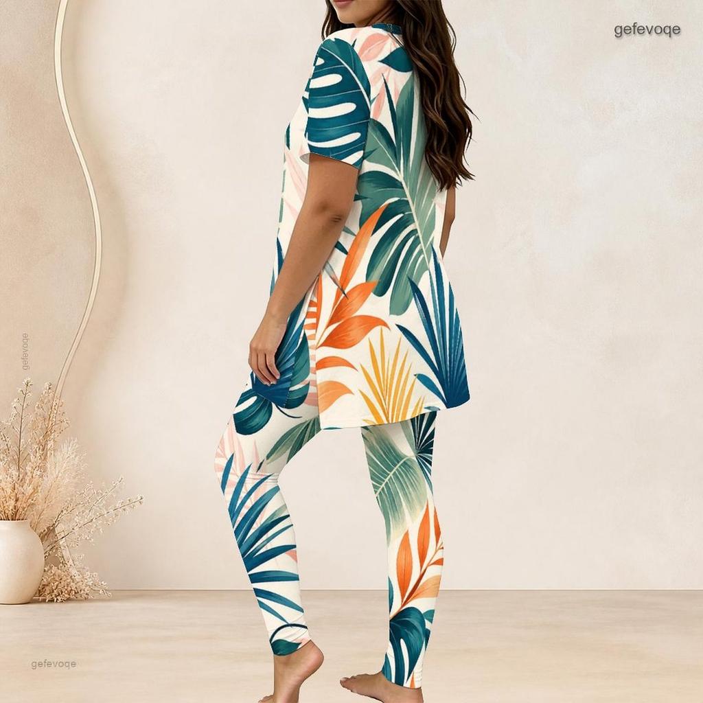Women Plus Size Green Abstract Printed Two Piece Set Round Neck Short Sleeve Top Fitted Long Pants