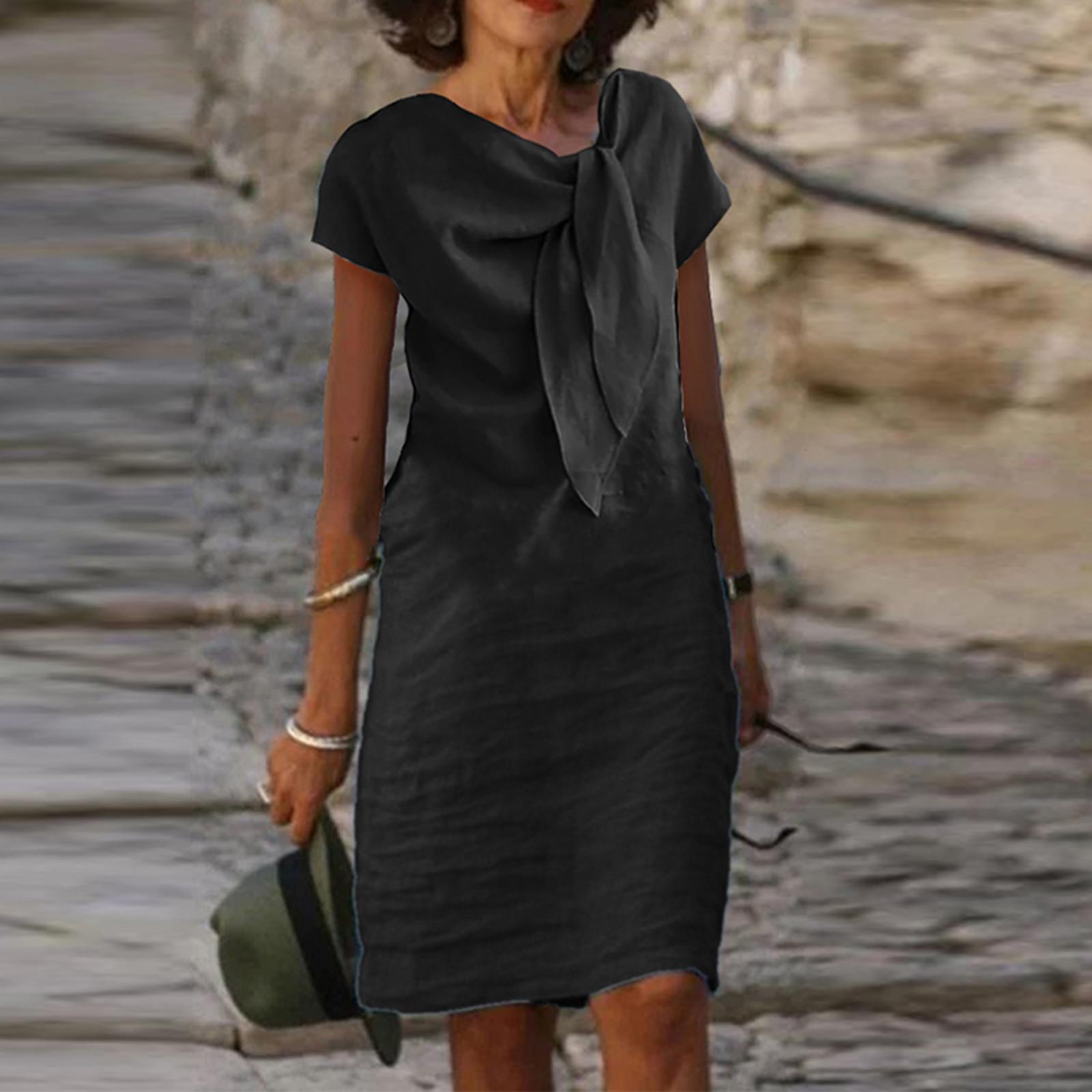 Модное прямое свободное платье средней длины с V-образным вырезом и галстуком-бабочкой — фото 11