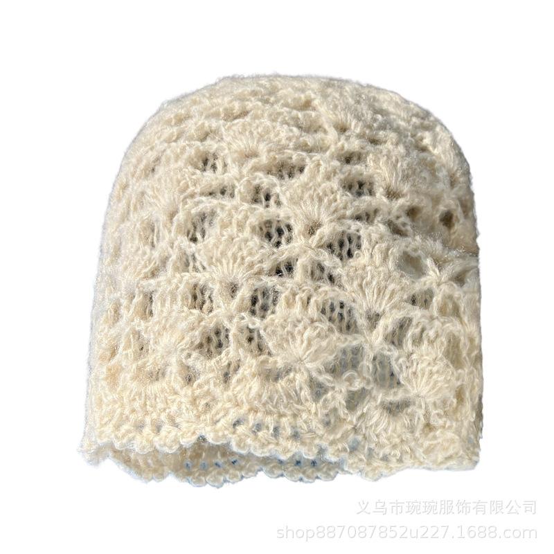 Spring and Autumn Hollow Double Layer Cotton Thread Handmade Crochet Baotou Hat Female Elegant Retro Sweet Decorative Knitted Cold Hat