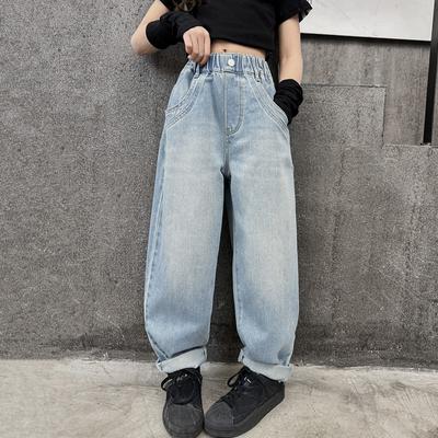 Pantalones Vaqueros de Pierna Ancha para Niña Primavera y Otoño Jeans Tendencia Elegante Bolsillos Sueltos para Niños Pantalones Rectos Adelgazantes