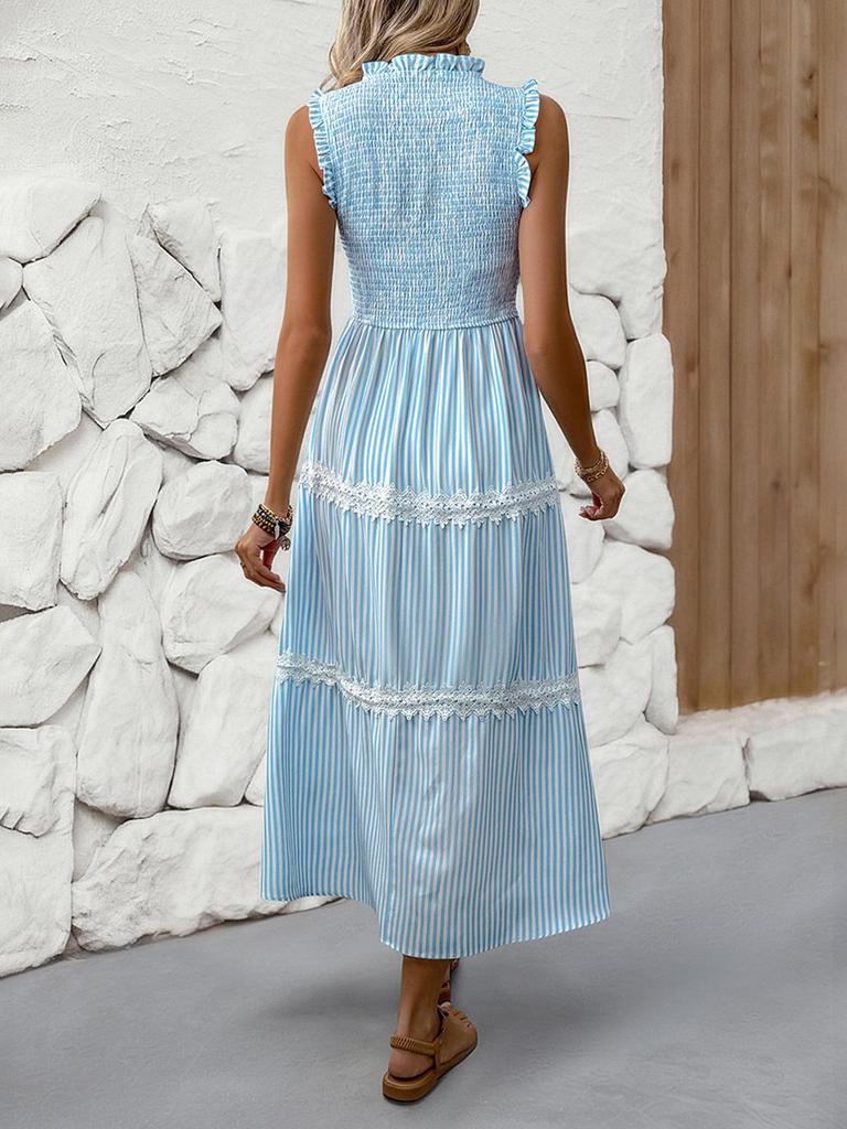 Summer 2026 Middle East High-End Lace Trim Patchwork Maxi Slip Dress with French Stripes