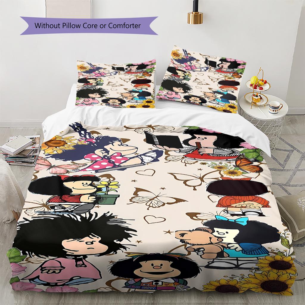 Pościel z wzorem Mafaldy, Zestaw kołdry Poszewka na kołdrę Poszewka na poduszkę Domowy prezent urodzinowy (1 * poszwa na kołdrę + 2 * poszewki na poduszki, bez rdzenia)