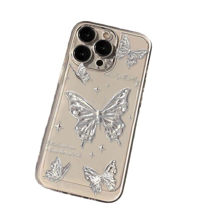Silver butterfly for iPhone17 Pro space phone case Apple 16 transparent 15/14 advanced sense 13 fine holes