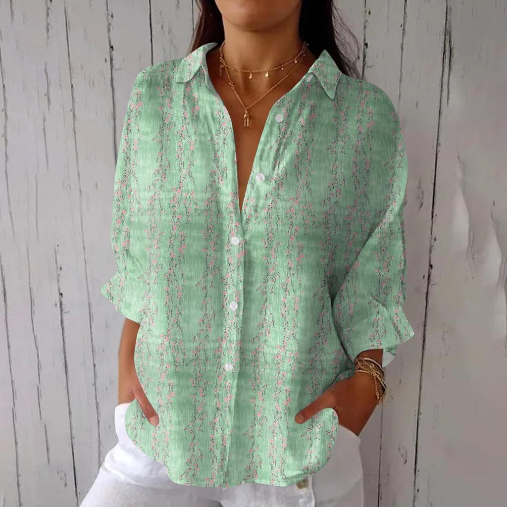 Women's Fashion Seven Sleeve Casual Lapel Back Tie Shirt Printed T-Shirt Top