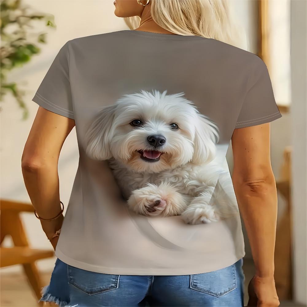 Smiling Little White Dog Printed Short Sleeve T-Shirt, Women'S Fashion Top, Women'S Summer Round Neck T-Shirt