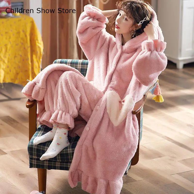 Princess Plush Bathrobe Gown Thick Home Clothes Soft Robes Winter Warm Hooded Flannel Nightgown Women Cute Cartoon Sleepwear