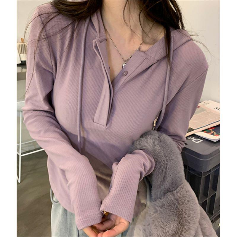 

Women s Irregular V-Neck Hooded Long Sleeve Top - Mid-Length, White, Minimalist Style Base Layer Medium