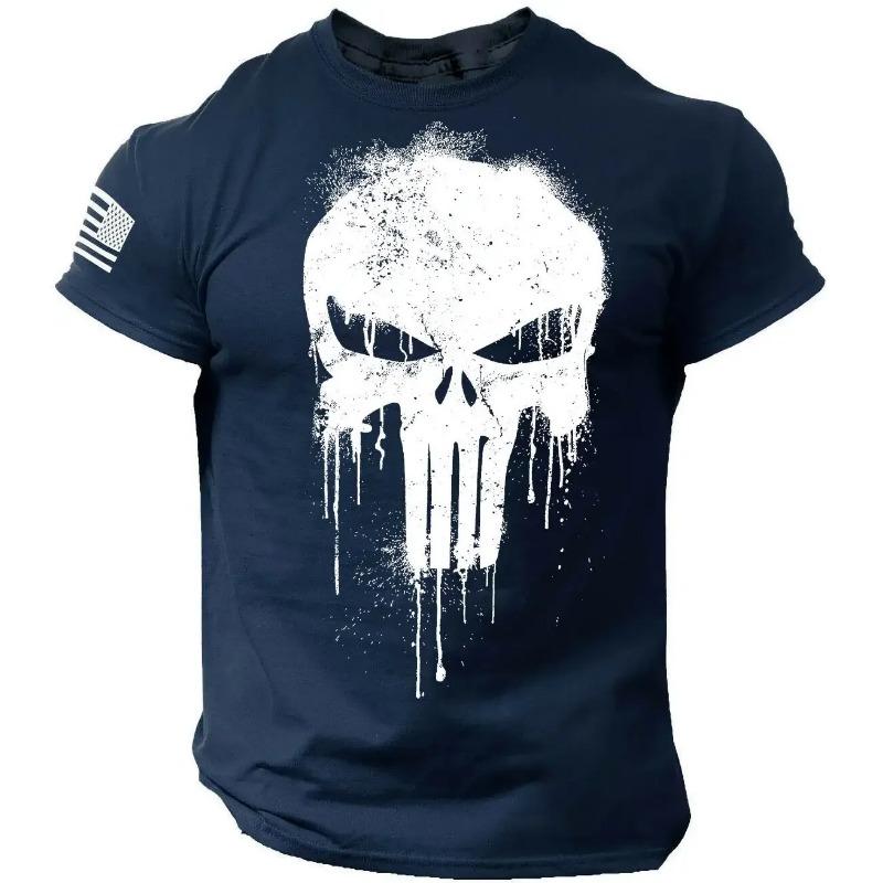 Summer Vintage Men's T Shirt Militar Skull Print Tees Casual Short Sleeve Pullover Oversized Man Clothing Outdoor O Neck T-Shirt