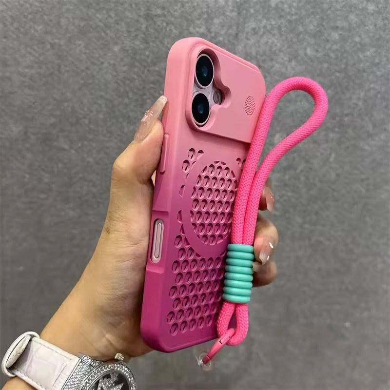 

Чехол-ремешок Magsafe Gradient для iPhone 16 15 14 Pro Max Plus 13 12 11, рассеивающий тепло, ремешок для запястья, чехол для ароматерапии iPhone 15 розовый