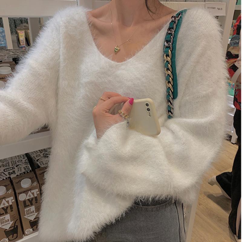 Fashion New Plush V-neck Pullover Sweaters for Women Autumn and Winter Loose Fit Mink Fur Casual Knitted Sweater Women Soft Warm Vintage Jumper 25778