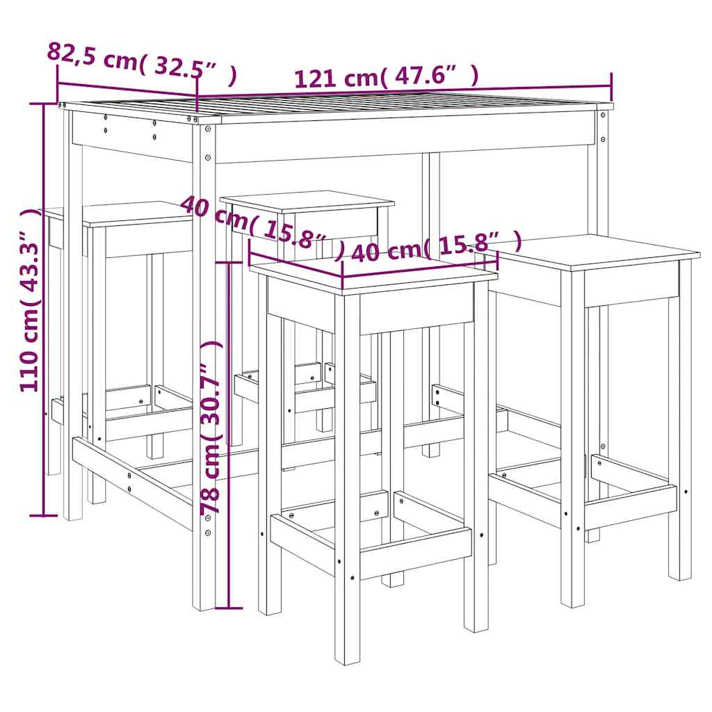 5 Piece Garden Bar Set White Solid Pine Wood