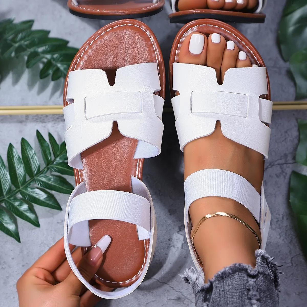 Round Toe Elastic Band Flat Women Sandals Comfortable Ladies Shoes able Open Toe Women Roman Beach Shoes 36