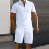 Men Summer Shirt Shorts Set Knee Length Elastic Waist Drawstring Shorts Solid Color Lapel Zipper Neck Short Sleeves Tracksuit Set