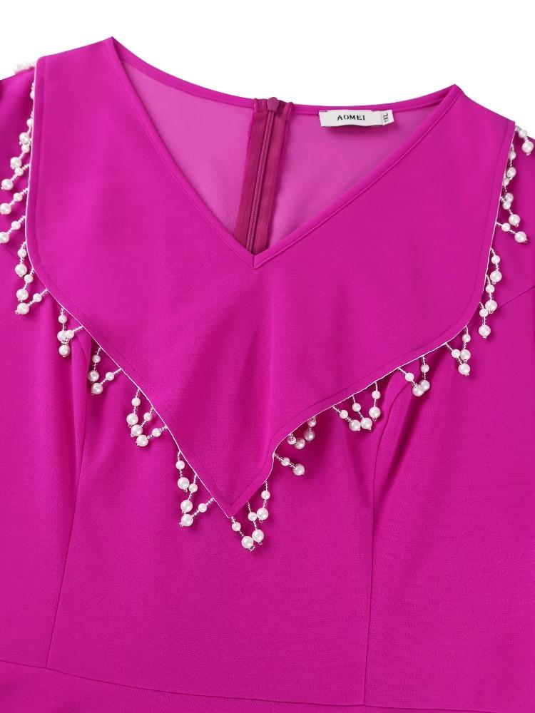 Elegant Women Pleated Maxi Dress V Neck Long Lantern Sleeve Patchwork Beading Fashion Autumn Winter Party Evening Outfit