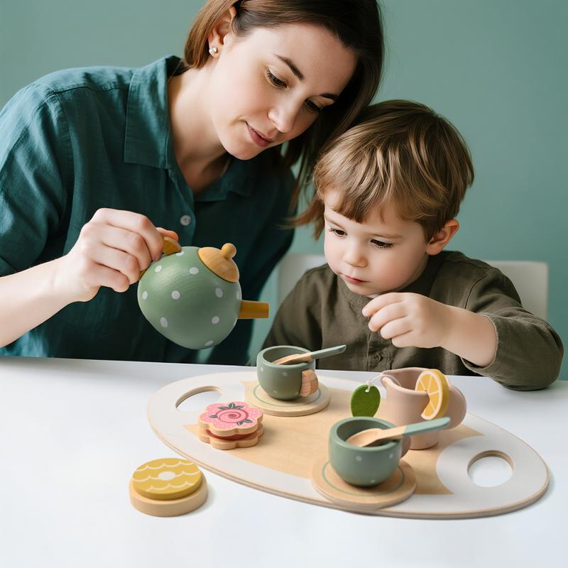 15PCS Wooden Afternoon Tea Set for Kids Pretend Play Kitchen Toys Early Educational Toys Role Play Game for Boys & Girls