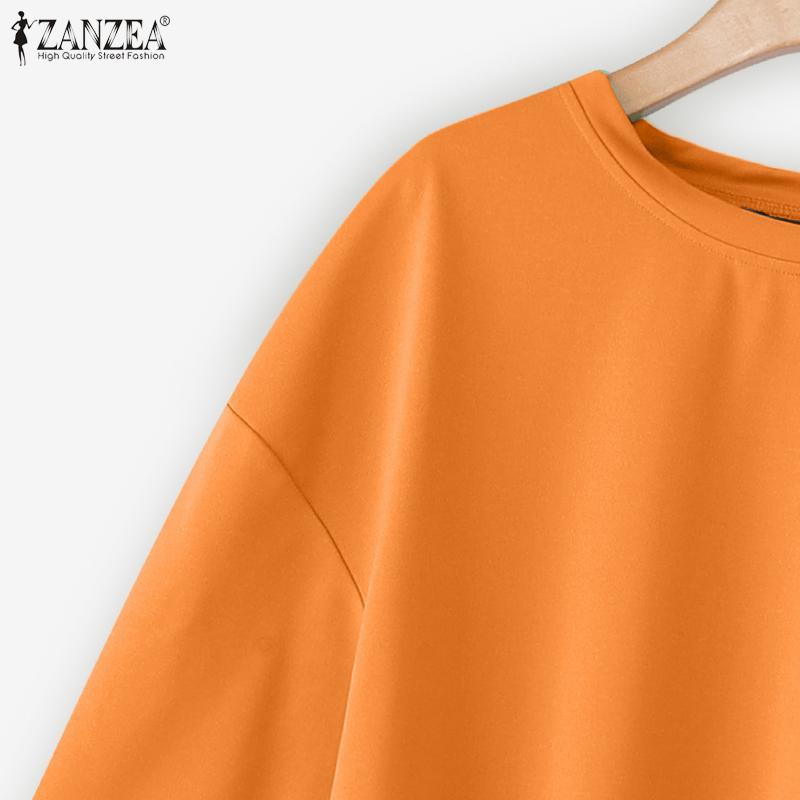 ZANZEA T-shirts Casuais Femininas de Gola Redonda, Bainha Irregular Soltas de Manga Curta