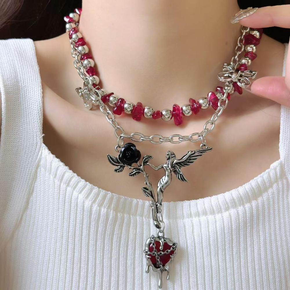 Angle Gothic Multilayer Necklace Heart Pendant Clavicle Chain Choker Crystal Beads Necklace  Gifts
