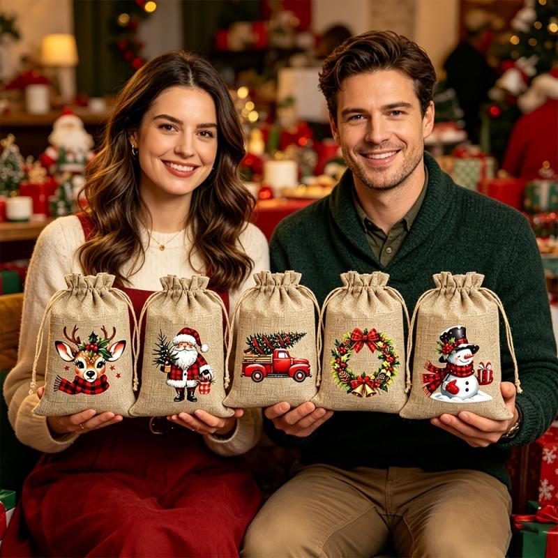 5/12pcs Christmas Jute Drawstring Gift Bags Reusable Holiday Treat Pouches Christmas Party Gift Wrapping Bags Tree Hanging Decorations