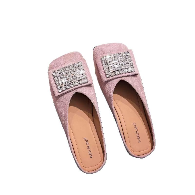 Fashion bag head half slippers women's new summer wear versatile non-slip rhinestone square head flat sandals