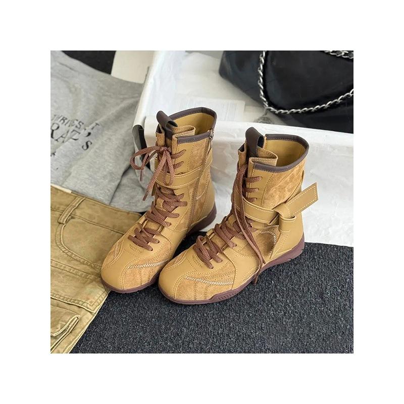 Sheepskin Version Retro Versatile Leather Boxing Boots Women's Short Boots Strap Side Zipper Outer Wear Mountaineering Training Martin Boots