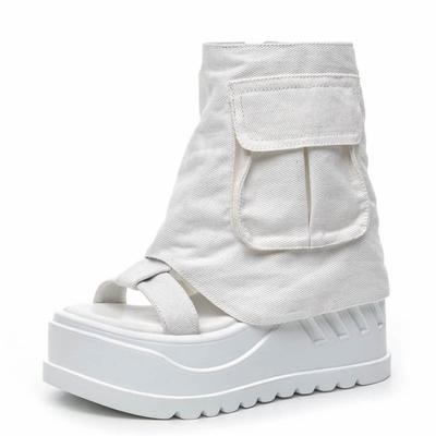 Mode 10CM Mode Canvas Frühling Sommer Plateau Keilabsatz Ballerinas Sandale Damen Herbst Britisch Motorrad Mode Reißverschluss Stiefeletten Schuhe