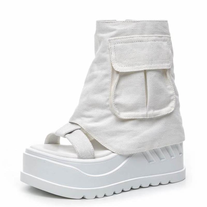 Fashion 10CM Fashion Canvas Spring Summer Platform Wedge Flats Sandal Women Autumn British Motorcycle Fashion ZIP Ankle Boots Shoes