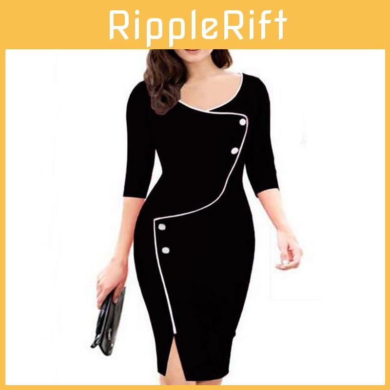 Elegant Womens Vintage Brief Split Bottom Dress With Timeless Deep O-neck Design