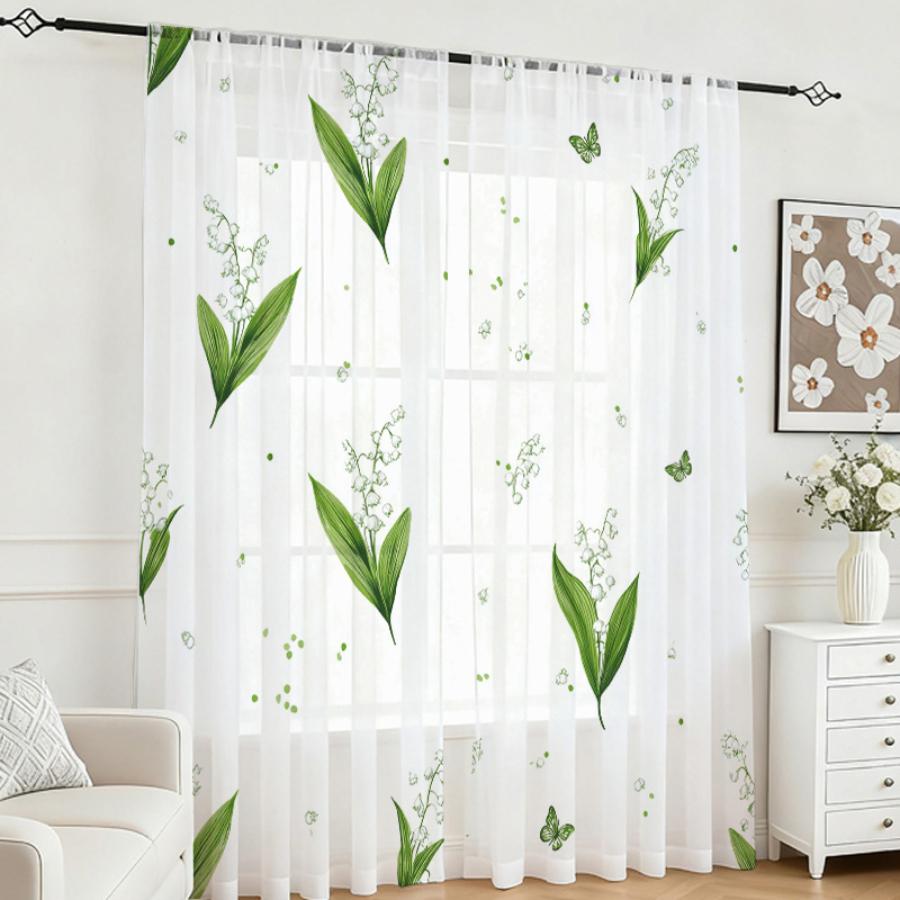 Digital Printing Sheer Curtain, Lily of the Valley Butterfly Pattern, Fresh Spring Natural Botanical Pastoral Decor
