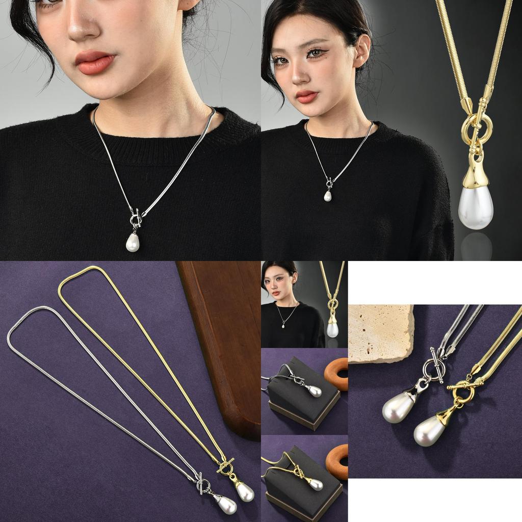 Geometric Long Elegant Necklace For Women Featuring Unique Water Drop Pearls And Stylish Elements Metal