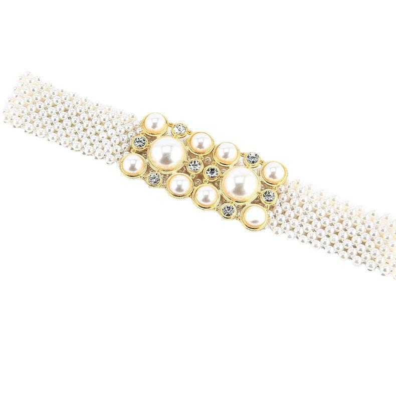 Women'S Sweet Temperament String Pearl Belt Elastic Wide Diamond Waist Seal Retro Skirt Decorative Belt