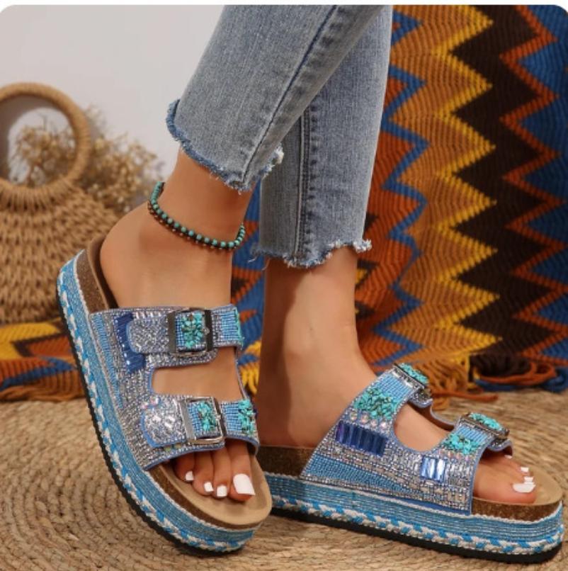 Vintage Rhinestone Double Buckle Cork Slippers for Women,Thick-Soled Summer Slides,Comfortable and Fashionable Beach Slippers
