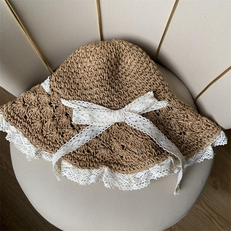 Foldable Lace Edge Sun Hat Woman Summer Straw Hat Handwoven Cute Bow Sunshade Hat for Vacation Beach Cap