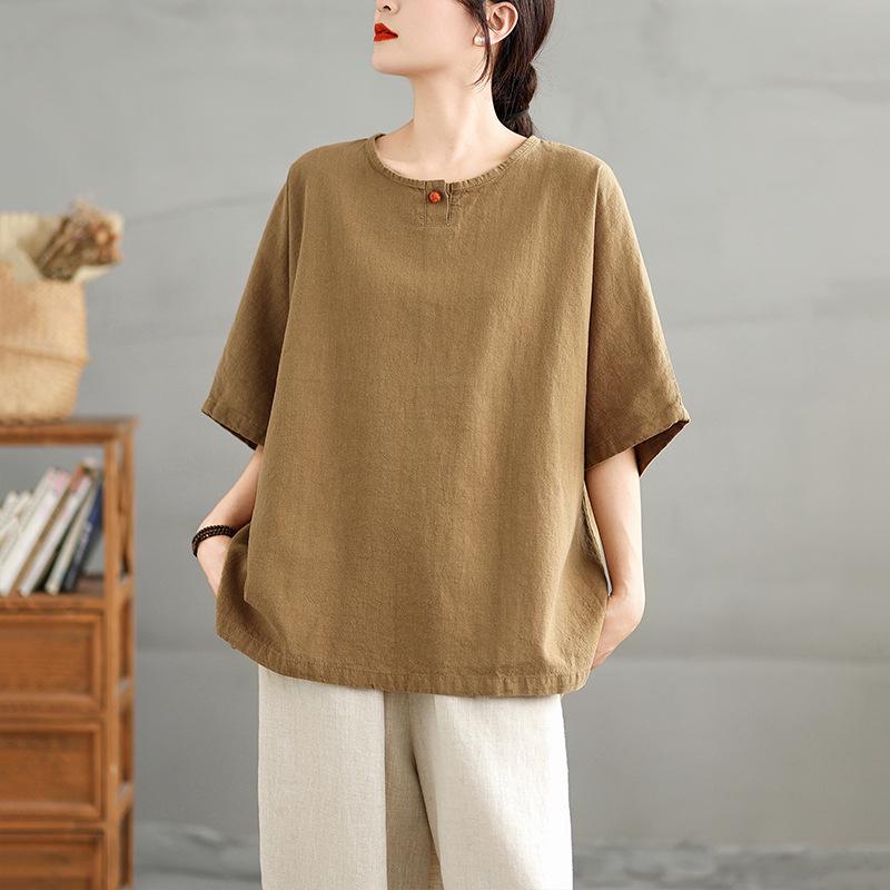 

New Zen Buddhist Linen T-shirt - Summer Short-Sleeve Meditation Top XL хакі