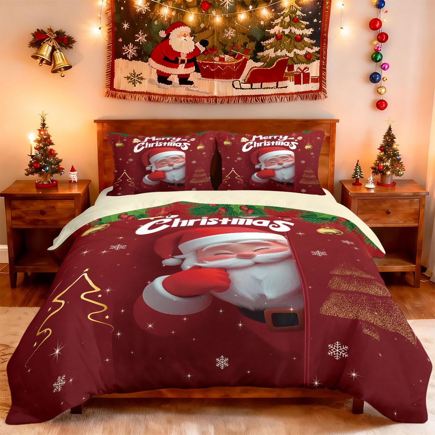 

3pc Merry Christmas Cartoon Santa Claus Printed Chipless Quilt Set Multi Size Bedrooms Dormitory Bedding Holiday Decoration EU Single(135*200cm)3pcs