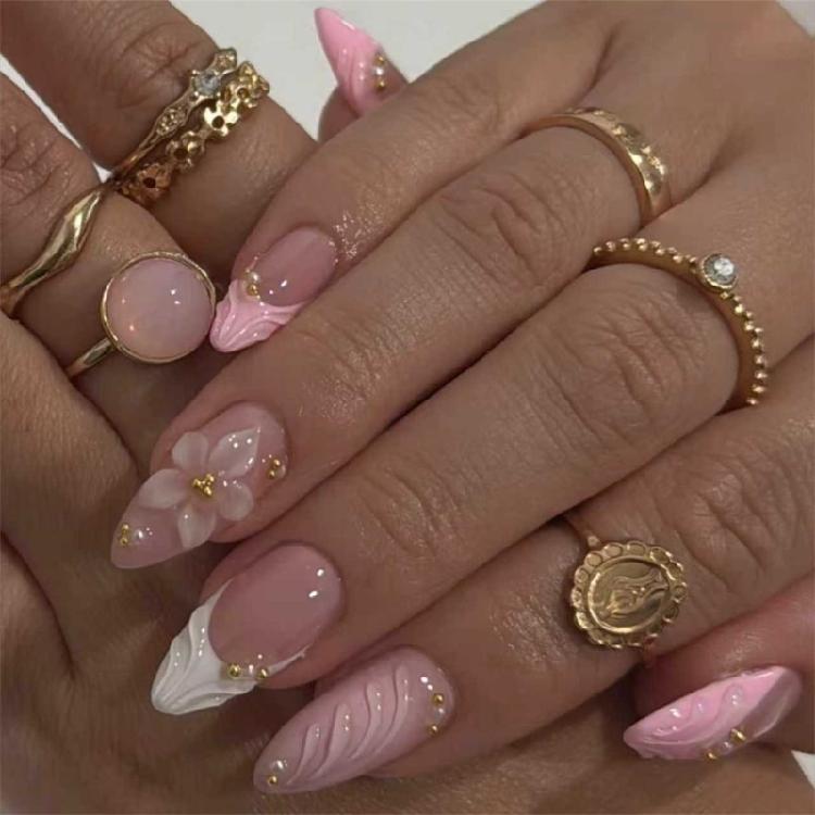 3D Sculpted Flower False Nail ABS Seamlessly Adhesion Long Wear Resistant For Career Women Special Event Pink Manicure