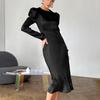 Autumn Black Fashion Thick Matte Satin Satin Crew Neck Bubble Sleeve Commuter Sexy Dress Women's Clothing