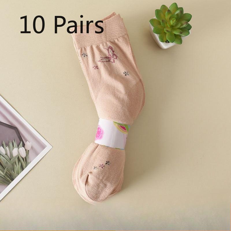 10 Pairs of Women's Summer Thin Old Jacquard Anti Hook Silk Loose Mouth Mid Aged Tube Socks