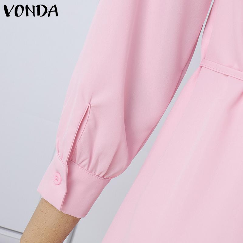 VONDA Women Elegant Lapel Ruffled Solid Color Long Sleeve Dresses
