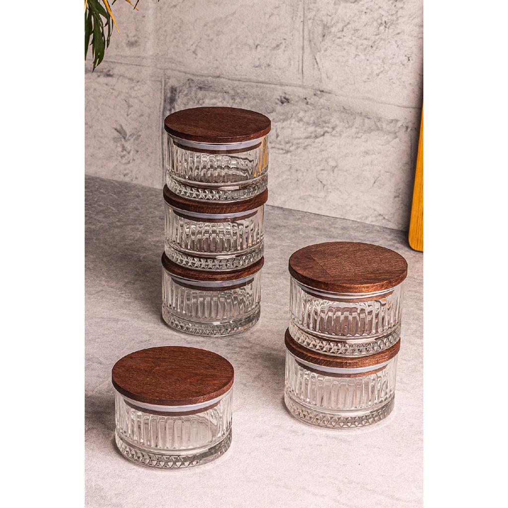 Bella 6-piece Wooden Vacuum Glass Breakfast Multi-purpose Glass Snack Bowl With Lid 235 Ml