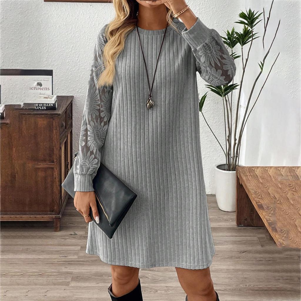 Women's Fashion Casual Round Neck Ribbed Lace-Up Pullover Long Sleeve Dress