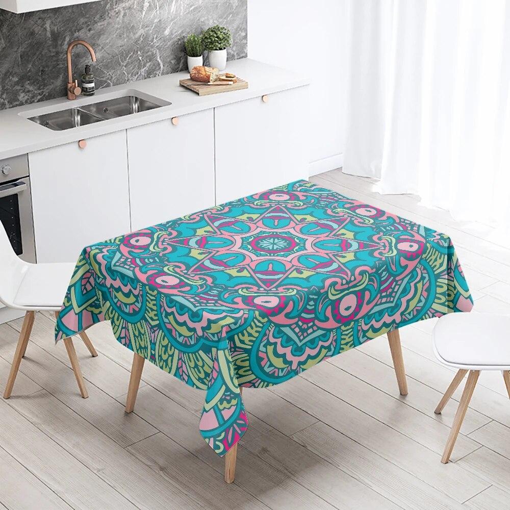 Psychedelic Geometric Mandala Pattern Rectangular Tablecloth Waterproof and Oilproof Wedding Restaurant Kitchen Table Decoration