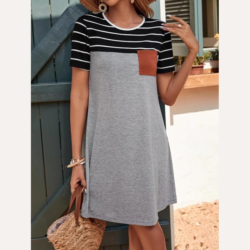Women Summer Short Sleeve O Neck Striped Printed Loose One Piece Dress