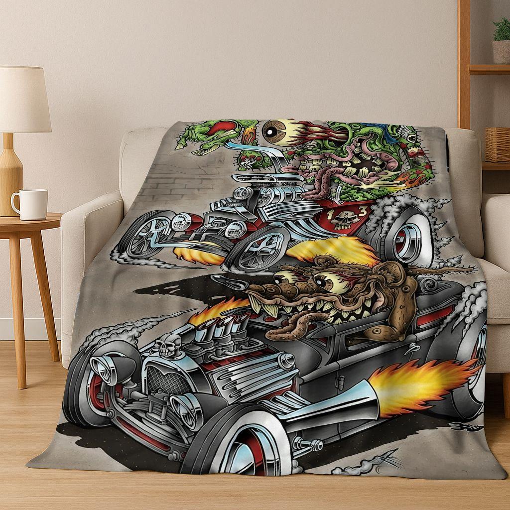 3D Buntowniczy RAT FINK Samochody Znak Kreskówkowy Koc Flanelowy, Ciepły i Przytulny Miękki Koc Rzutowy do Domu Sypialni Łóżka Sofy Pokrycie Piknikowe