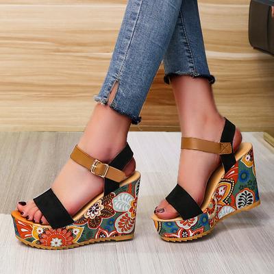 Sandales de mode pour femmes 2024 Été Compensées Rétro Imprimé ethnique Chaussures à plateforme Dames Décontracté Boucle de cheville Confortable Sandales pour femmes