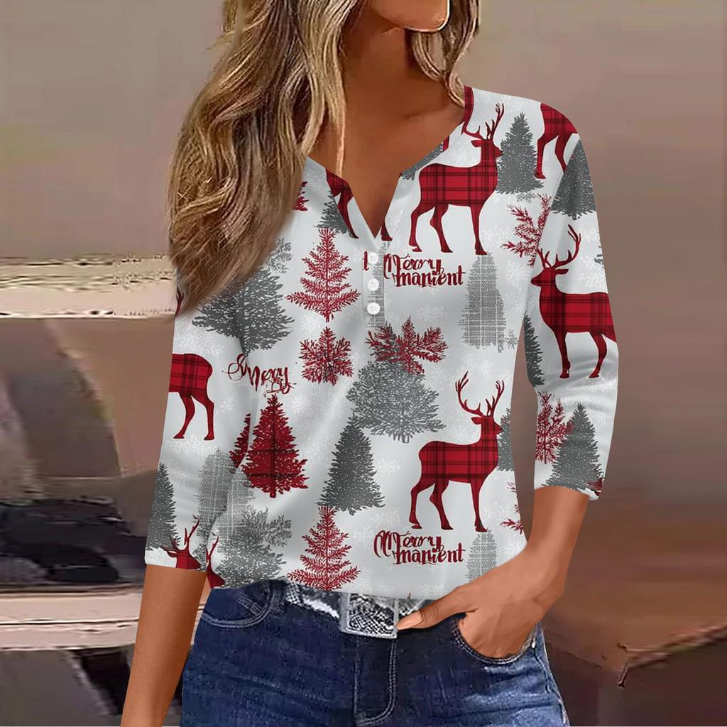Women's Casual Fashion V-neck Loose Versatile Christmas Print Three-quarter Sleeve Top