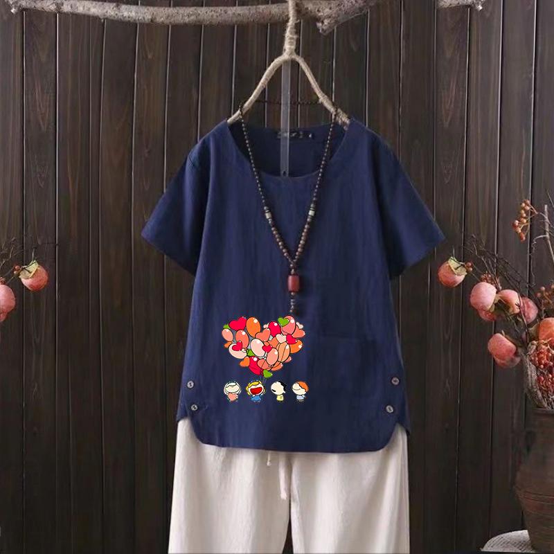 

Летняя женская футболка Nordic Balloon Series с V-образным вырезом из хлопка и конопли 2025 года — модная и удобная 4XL темно-синий