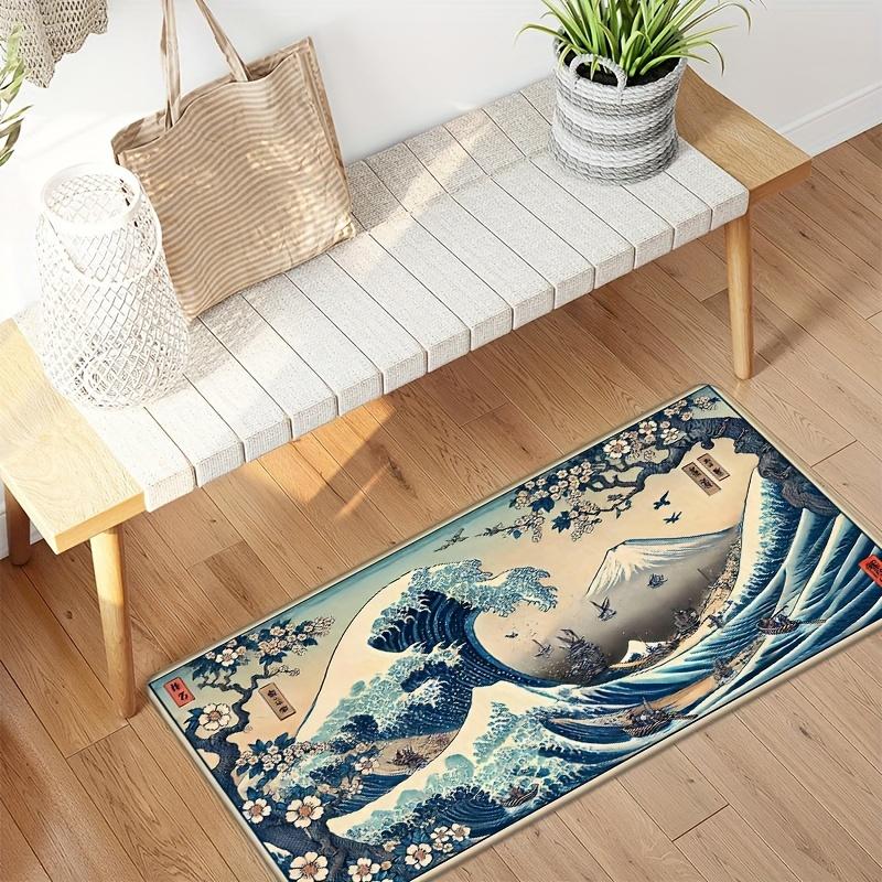 Retro Japanese Ukiyo-e Wave Design, Non-Slip And Dirt-Resistant Rug, For Kitchen, Entrance, Living Room Carpet Home Decor