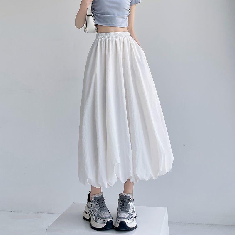 Letnia spódnica midi damska w kolorze khaki w stylu amerykańskim, z elastyczną talią i bufiastymi rękawami, w kształcie latarenki, swobodna, sportowa, o kroju parasola